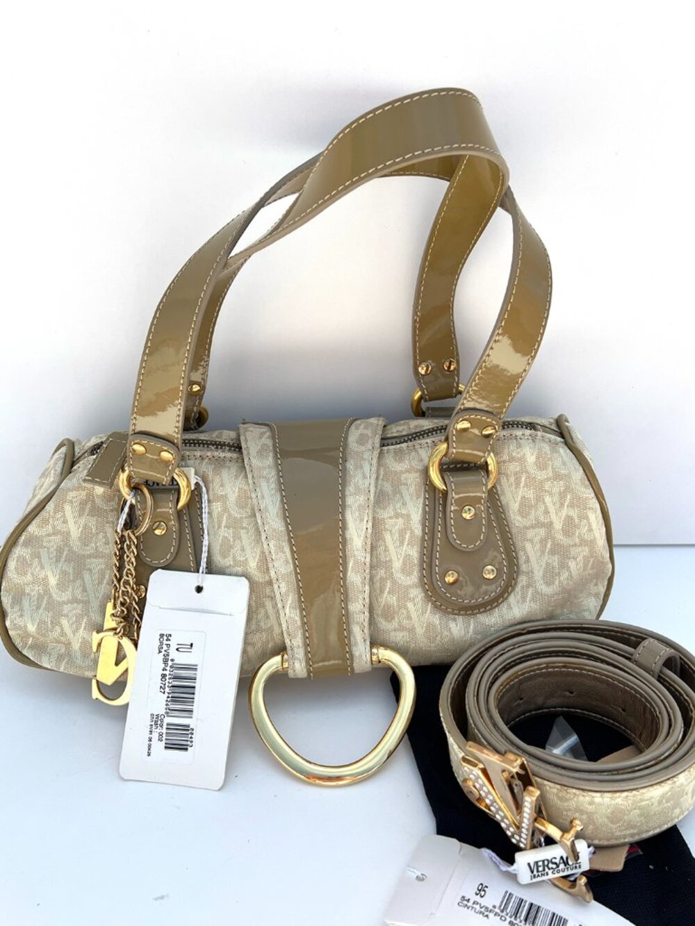 NWT Versace Jeans Couture Y2K Monogram Barrel Bag & Rhinestone Belt Set Beige